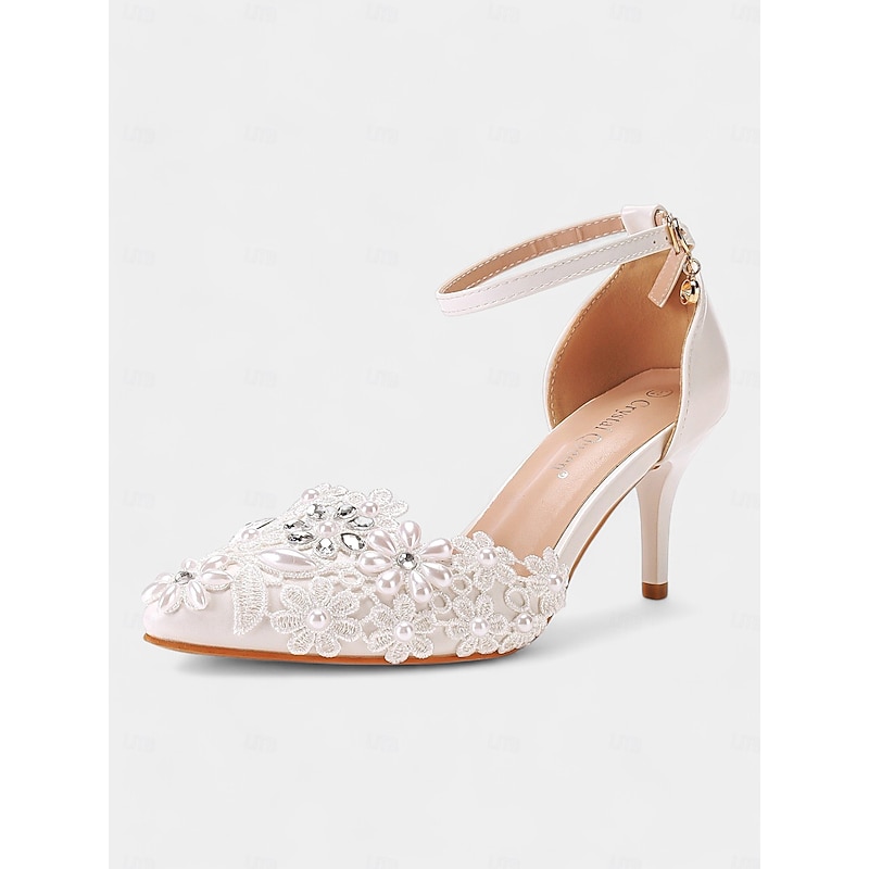 Women's Elegant Ivory Bridal Heels – Floral Lace and Pearl Embellished Satin Wedding Shoes with Ankle Strap4