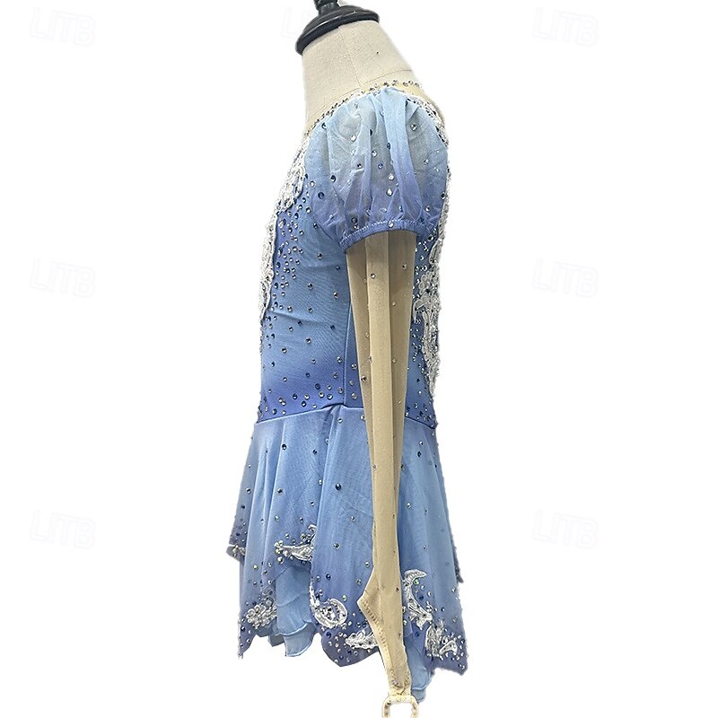 Figure Skating Dress Women's Girls' Ice Skating Dress Blue+Light Blue Patchwork Thumbhole Mesh Spandex Stretchy Training Practice Professional Skating Wear Thermal Warm Crystal / Rhinestone Long4