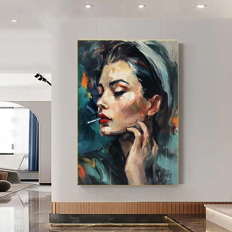 Hand painted Women Face Portrait Oil Painting Home Smoking girl Canvas Decorative Wall Art Pictures Cuadros For Living Room Bedroom Modern Rolled Canvas (No Frame)4