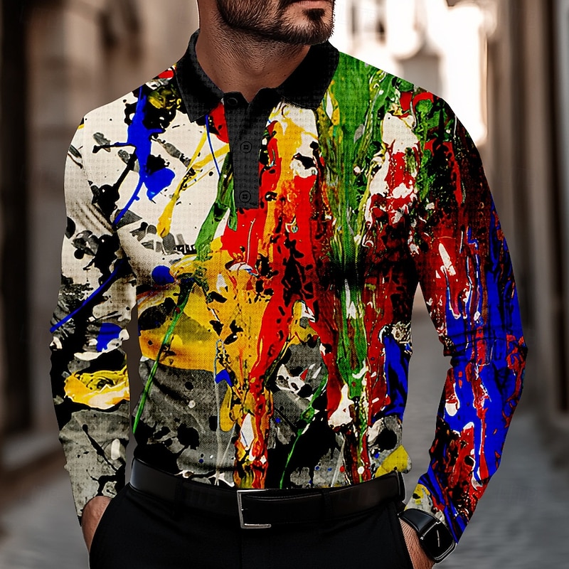 Men's Splash Ink Waffle Polo Shirts Golf Shirt Long Sleeve Polo Shirts Collared Shirts Casual Outdoor Party Evening Wear Street Dailywear Buttons 3D Print Spring Fall Winter Multi Color
