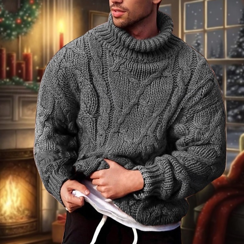 Men's Turtleneck Sweater Sweater Pullover Sweater Jumper Cable Chunky Knit Knitted Solid Color Turtleneck Stylish Basic Daily Holiday Clothing Apparel Fall Winter Black Army Green S M L4