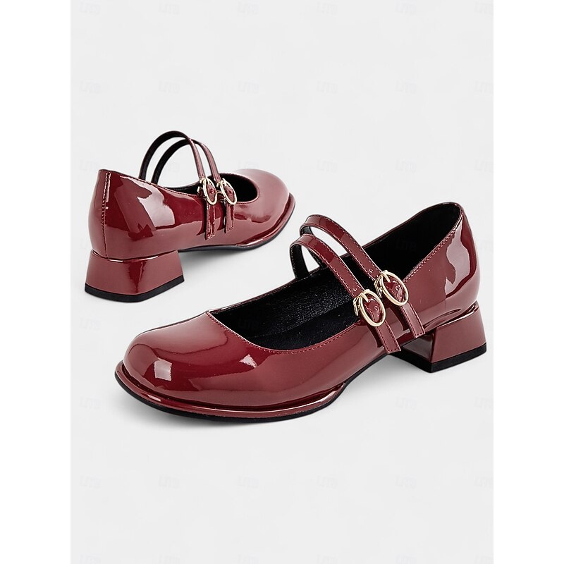 Women's Vintage Double Strap Mary Jane Shoes, Patent Leather Block Heels with Buckle Detail, Perfect for Retro Style and Casual Occasions