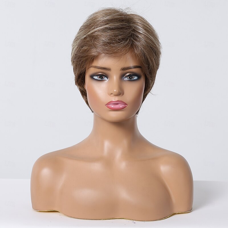 Human Hair Blend Wig Short Straight Natural Straight Bob Pixie Cut Side Part Layered Haircut Light Brown Cosplay Curler & straightener Natural Hairline Capless Burmese Hair Women's All Light Brown2