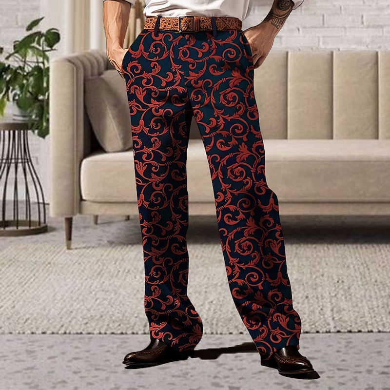 Men's Floral Paisley Ethnic Dress Pants Mid Waist Business Casual Formal Wedding Dailywear Zipper Pocket Straight Leg Trousers Summer Spring Fall 3D Print Pink Red Purple2