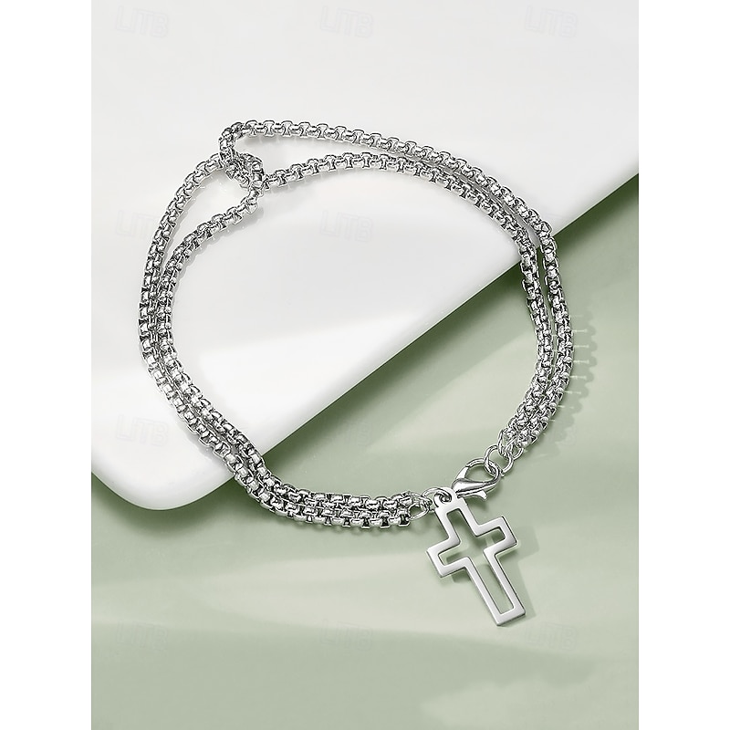 Men's Cross Pendant Bracelet - Double-Layer Chain Design for Religious or Casual Wear3