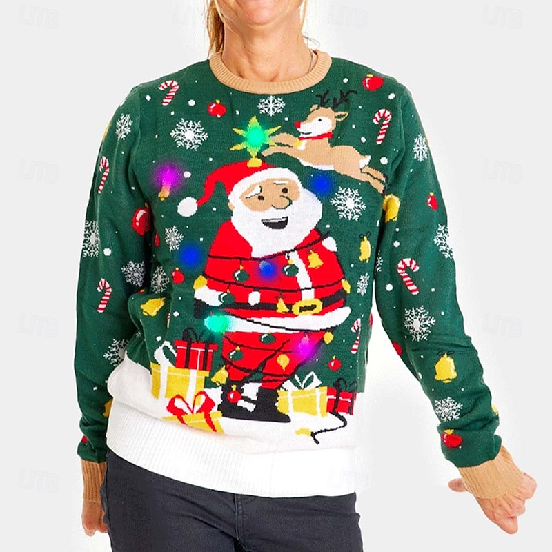 Santa Claus Ugly Christmas Sweater Pullover Jumper Women's Christmas Novelty Funny Knitted Light Up Pattern Adults Christmas New Year Christmas Eve Christmas Party Top