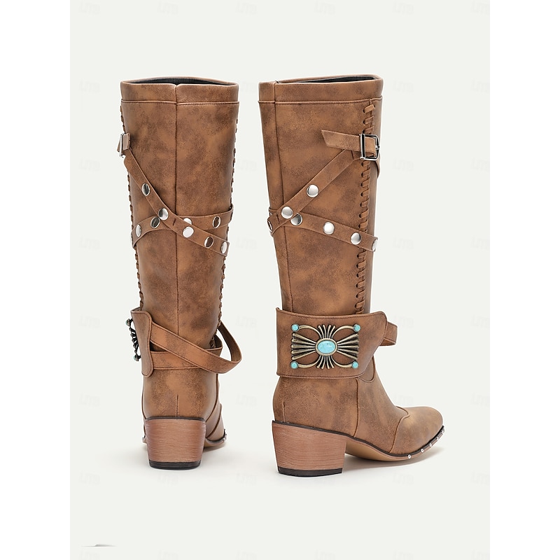 Women's Western Cowgirl Boots – Vintage Knee-High Studded Boots with Turquoise Buckle and Lace-Up Detail, Perfect for Rodeo and Country Style3