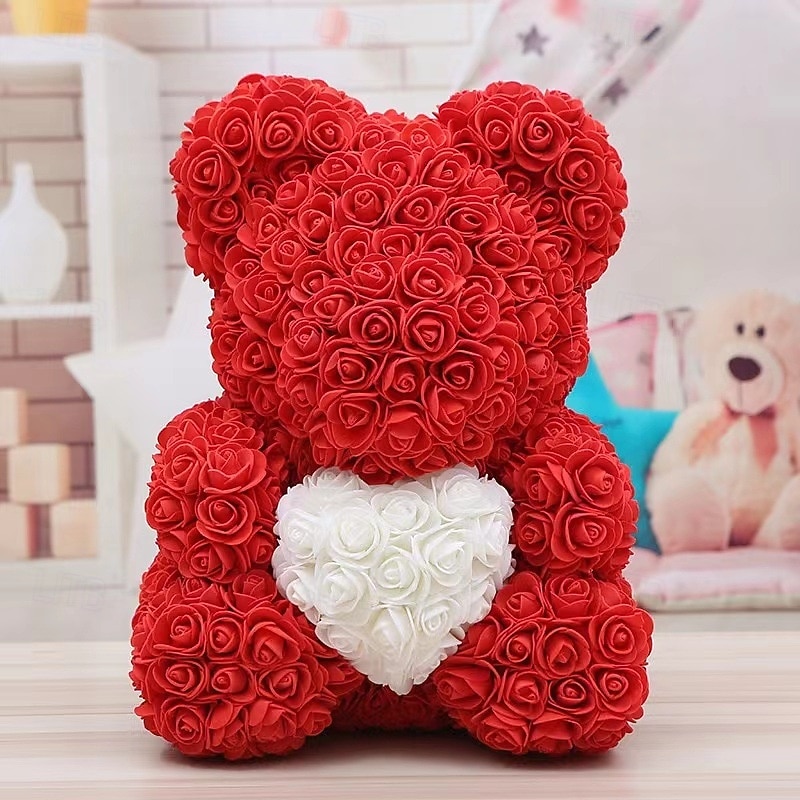 Valentines Day Gifts for Her,Rose Bear with Heart 25/40cm Artificial Rose Flower Bear, Romantic Gift for Valentines Day, Wedding, Mothers Day and Anniversary, Including Transparent Gift Box