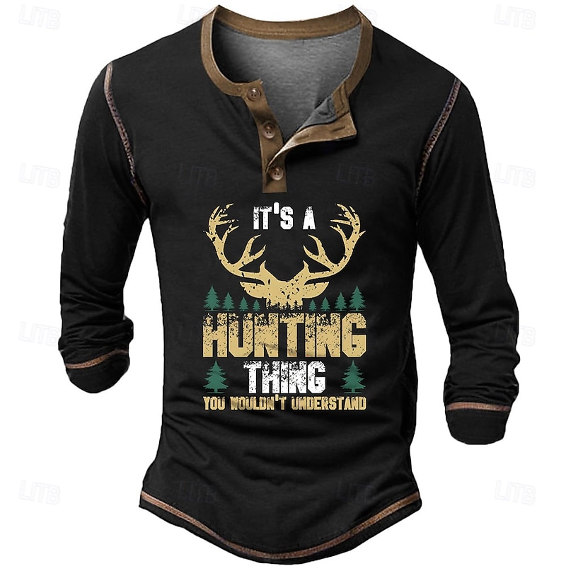 Men's Letter Print Deer Henley Shirt Long Sleeve 3D Print Cowboy Casual Holiday Going out Summer Spring Fall Black Navy Blue Army Green Henley Henley T-Shirt2