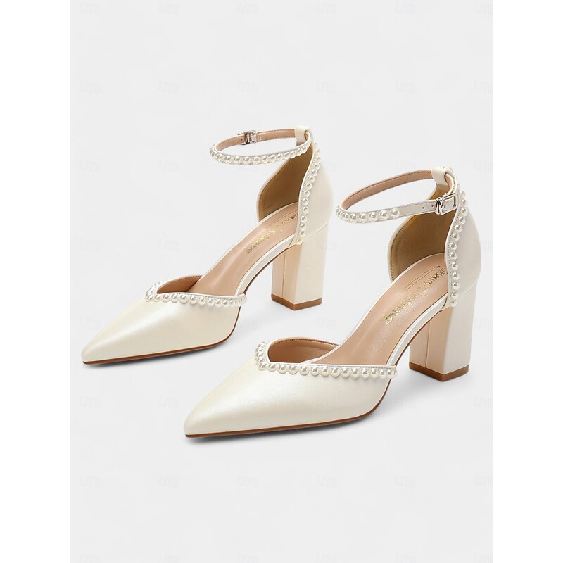 Elegant Women's Pearl-Embellished Wedding Heels, Pointed Toe Ankle Strap Ivory Block Pumps for Bridal and Formal Events3