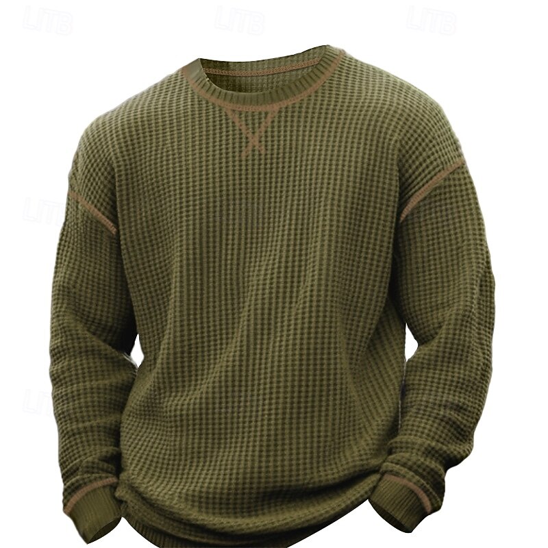 Men's Waffle Tee T Shirt Waffle Knit Tee Long Sleeve Crew Neck Summer Spring Fall Solid Color Knitwear Fashion Daily Color Block Formal Outdoor Home Black Green Top Tee for Men