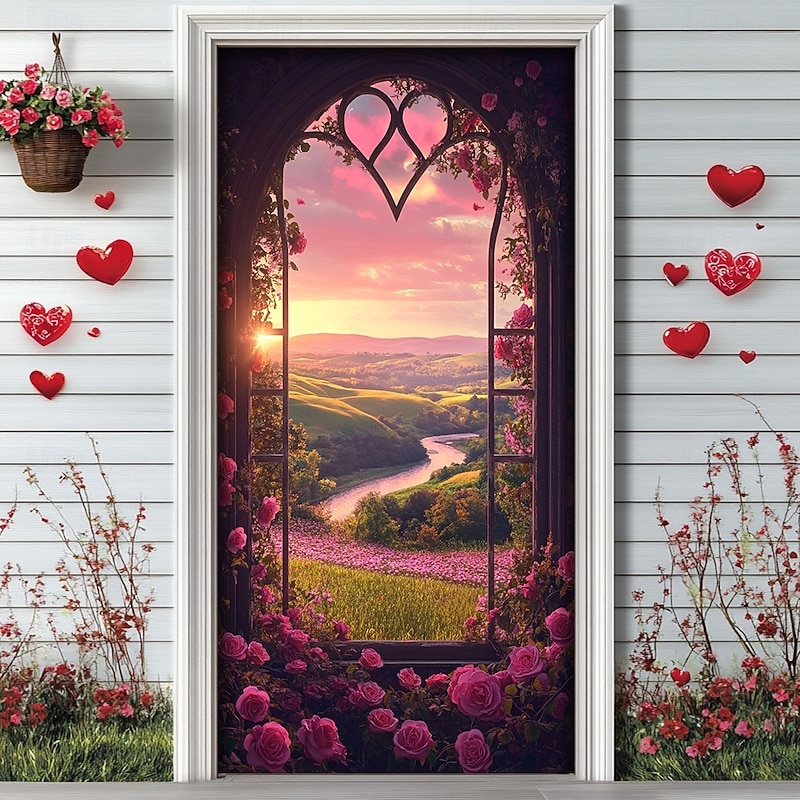 Wedding Outdoor Decorations Door Covers Door Tapestry Door Curtain Decoration Backdrop Indoor/Outdoor Door Banner for Front Door Farmhouse Window View Roses