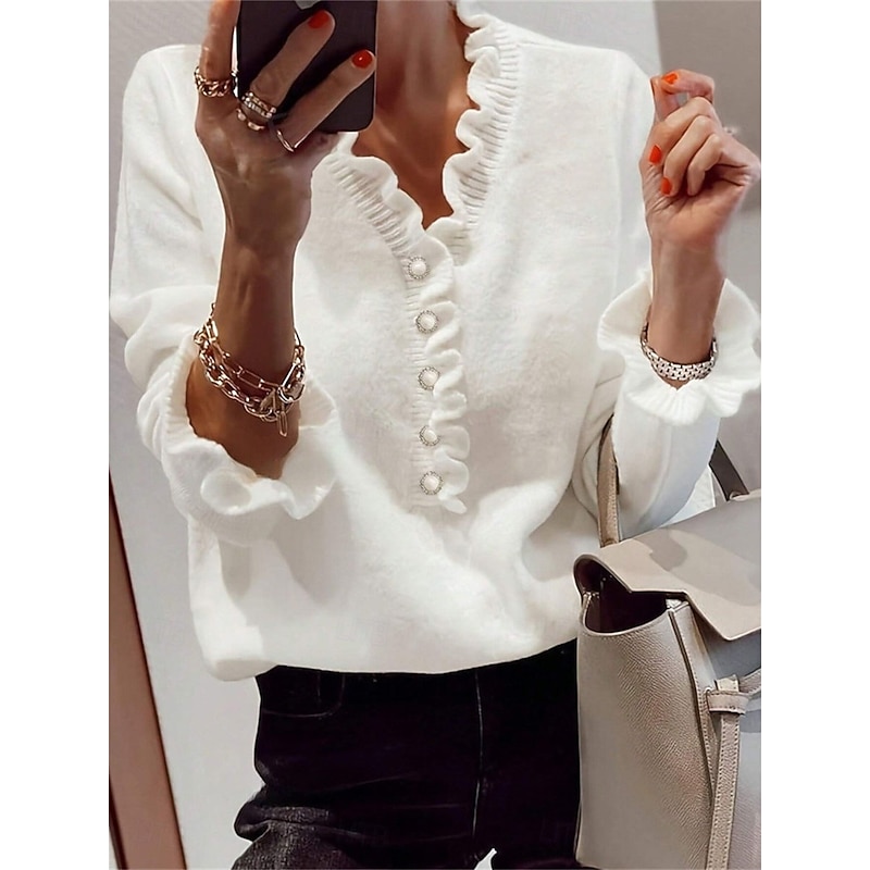 Women's Sweater Casual Soft Pure Color Ribbed V Neck Ruffle Buttons Knitted Long Sleeve Regular Tops Knit Outdoor Daily Weekend Black White Fall Winter