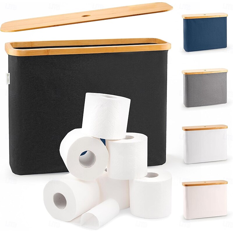 Toilet Paper Storage for 12 Rolls, Stackable & Foldable - The Ultimate Bathroom Organizer - Waterproof Basket with Bamboo Lid - Elegant Toilet Paper Storage Holder