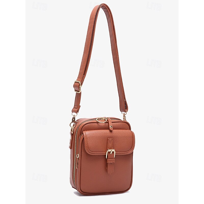 Women's Vintage Brown Faux Leather Crossbody Bag with Front Buckle Detail – Compact and Stylish Design3
