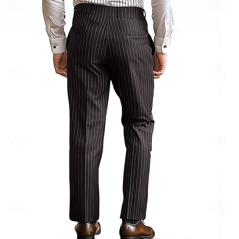 Men's Stripe Geometric Pattern Dress Pants Mid Waist Business Casual Formal Wedding Dailywear Zipper Pocket Straight Leg Trousers Summer Spring Fall 3D Print Black2
