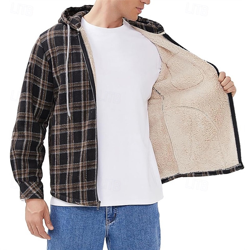 Men's Zip Up Hoodie Full Zip Hoodie Fleece Jacket Black Red Light Blue Hooded Plaid Zip Up Pocket Sports & Outdoor Daily Holiday Polyester Streetwear Basic Casual Fall & Winter Clothing Apparel3