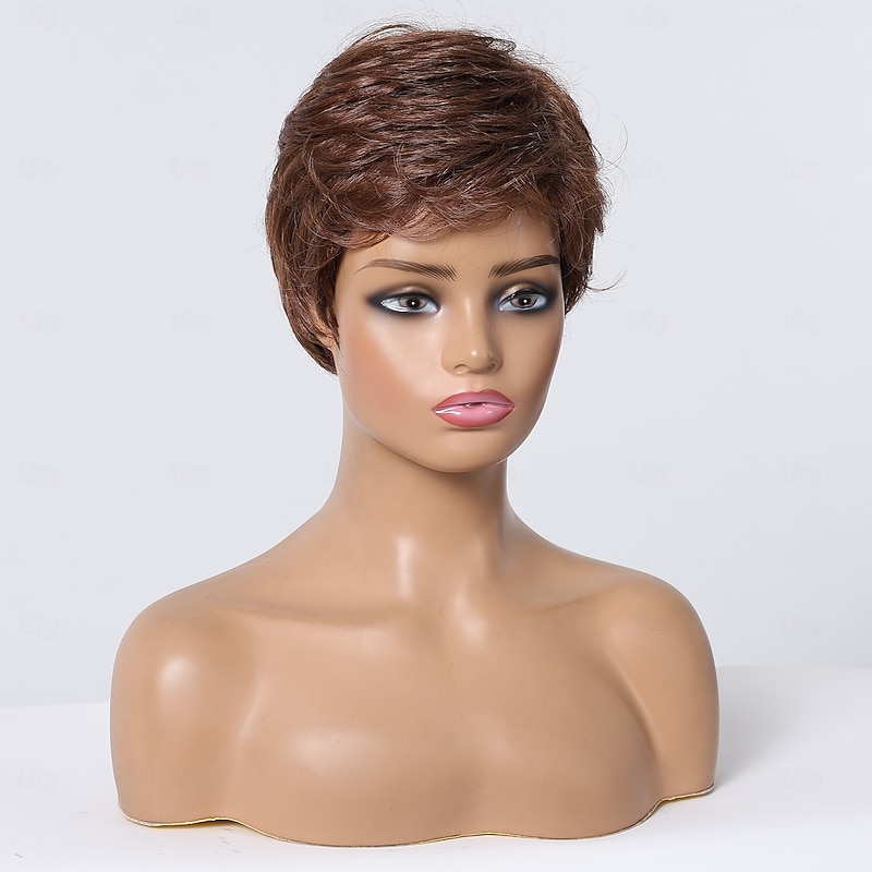 Human Hair Blend Wig Short Straight Natural Straight Bob Pixie Cut Side Part Layered Haircut Dark Brown Cosplay Curler & straightener Natural Hairline Capless Burmese Hair Women's All Dark Brown3