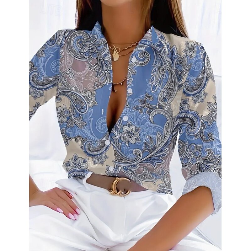 Women's Shirt Button Down Tunic Shirt Collar Long Sleeve V Neck Blue Spring Fall Winter