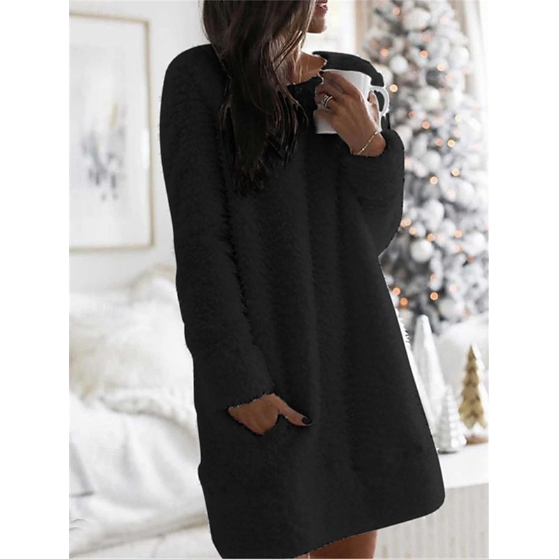 Women's Sweater Dress Mini Dress Patchwork Casual Round Neck Long Sleeve Black White Pink Color3