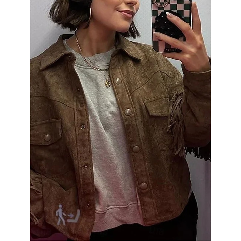 Women's Casual Jacket Outdoor Street Daily Wear Fall Short Coat Regular Fit Thermal Warm Breathable Stylish Casual Jacket Long Sleeve Plain Tassel Fringe with Pockets Brown2
