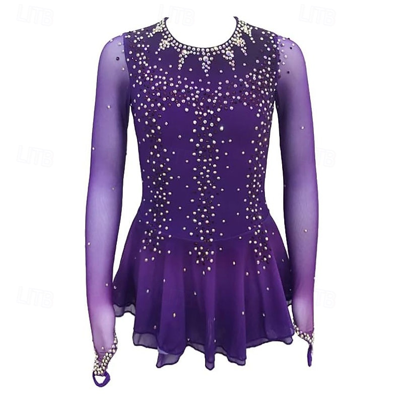 Girls' Purple Long Sleeved Figure Skating Dress with Rhinestone Decoration Competition Costumes