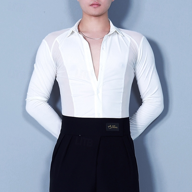Latin Dance Top Splicing Men's Performance Daily Wear Long Sleeve Crystal Cotton Mesh
