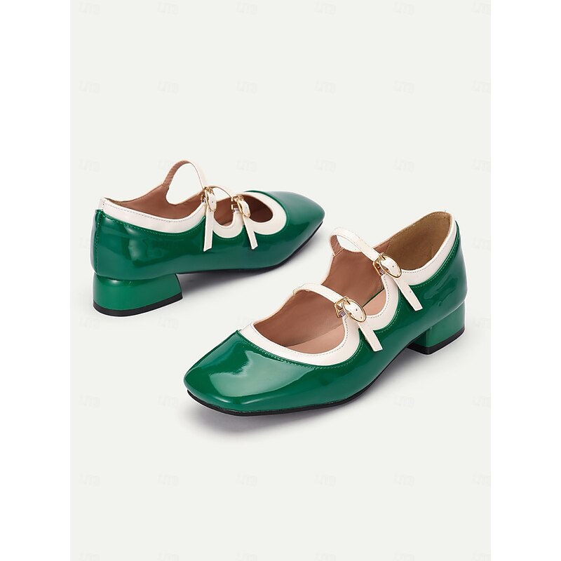 Retro Green Patent Leather Mary Jane Shoes – Women's Vintage Double-Strap Low Block Heels for Casual and Cosplay Wear