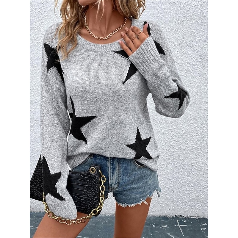 Women's Sweater Casual Soft Star Ribbed Crew Neck Knitted Long Sleeve Regular Tops Knit Outdoor Daily Weekend Gray Fall Winter