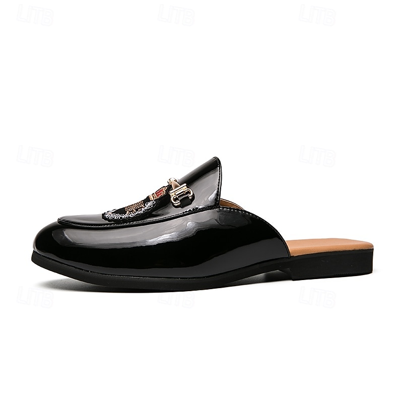Men's Embroidered Patent Leather Loafers, Slip-On Backless Mules with Crown Emblem and Metal Buckle Detail, Perfect for Elegant and Casual Occasions4