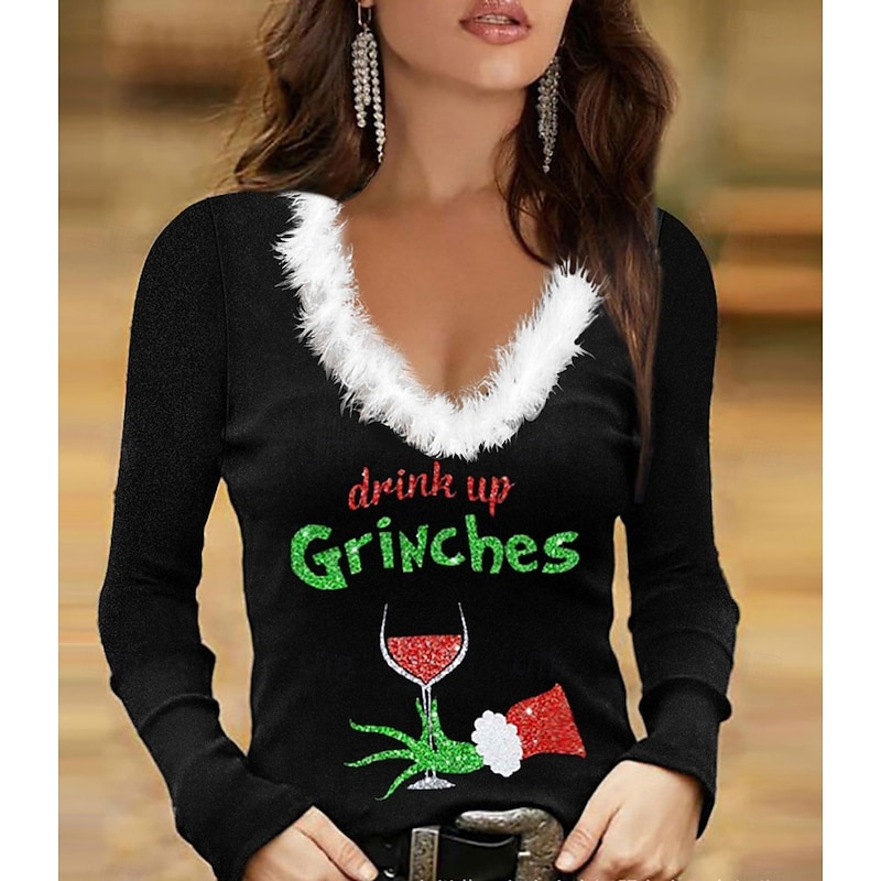 Women's T-Shirt Festive Reindeer Long Sleeve V-Neck Plush Collar Holiday Party Casual Winter Top Black Snowflake Print3