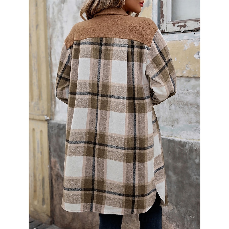 Women's Winter Coat Outdoor Street Daily Wear Fall Winter Long Coat Regular Fit Thermal Warm Breathable Stylish Casual Jacket Long Sleeve Stripes and Plaid with Pockets Print Wine Coffee Gray2