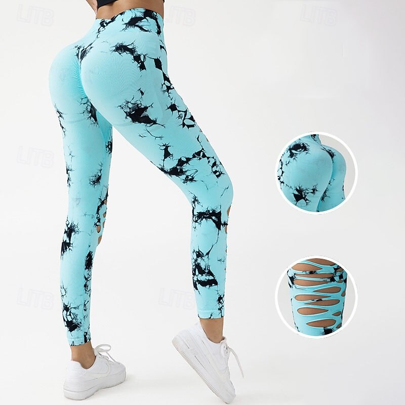 Women's Yoga Pants Yoga Leggings Cut Out High Waist Pilates Gym Workout Workout Tights Tie Dye Blue Sky Blue Purple Fall Sports Activewear Stretchy Slim