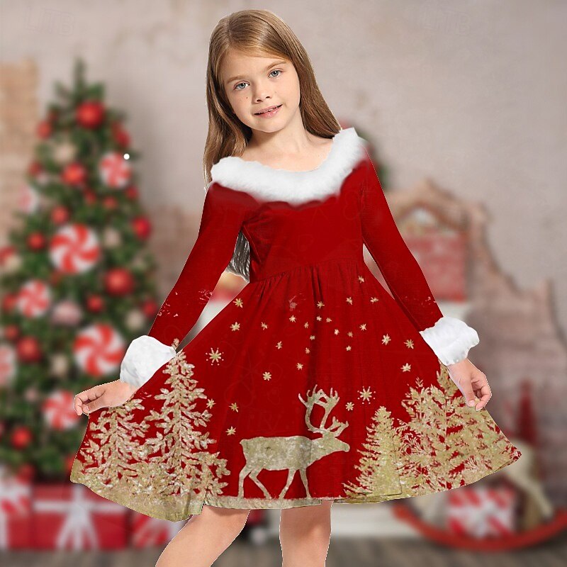 Kids Girls' Christmas Dress Dress Snowflake Dress Santa Claus Elk Snowman Long Sleeve Casual Fur Trim Crewneck Elegant Adorable Polyester Above Knee Casual Dress Swing Dress A Line Dress Fall Winter