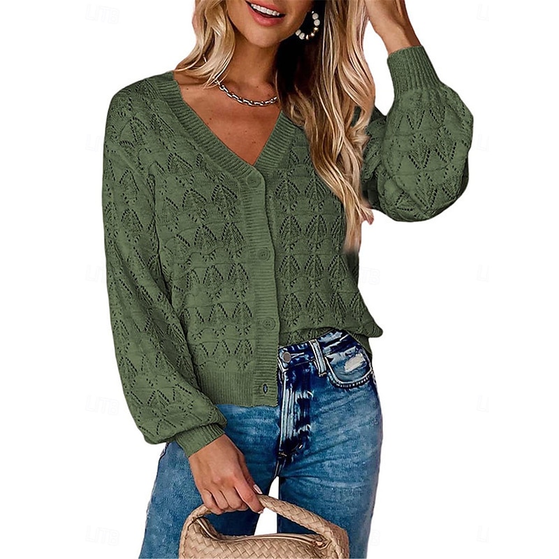 Women's Sweater Cardigan Casual Soft Pure Color Crochet V Neck Buttons Pocket Knitted Long Sleeve Regular Tops Knit Outdoor Daily Weekend Green Khaki Summer Spring3