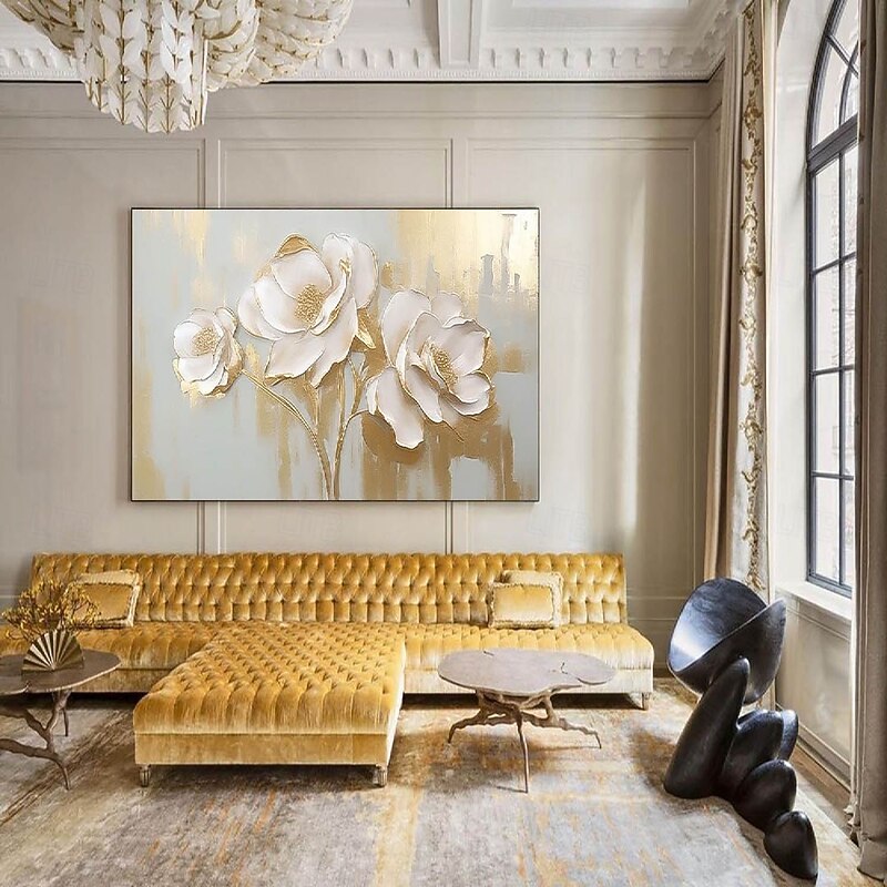 Handmade 3D Gold foil Textured oil painting hand painted Wall Art Abstract Flower Painting  Large handmade Floral oil painting Wall Art Elegant Botanical Artwork Room Decor Gold White Flower Painting4