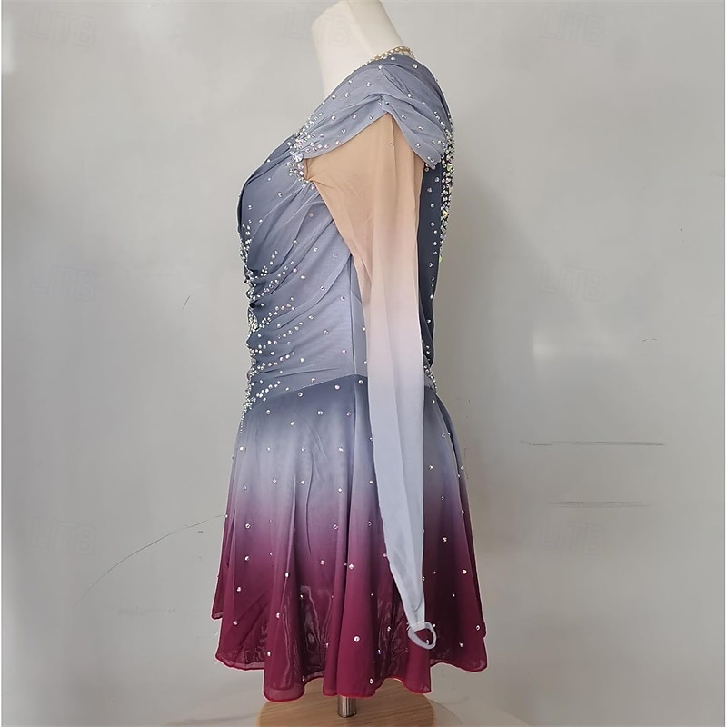 Figure Skating Dress Women's Girls' Ice Skating Dress Jacinth Gray Patchwork High Elasticity Training Competition Skating Wear Classic Crystal / Rhinestone Long Sleeve Ice Skating Figure Skating3