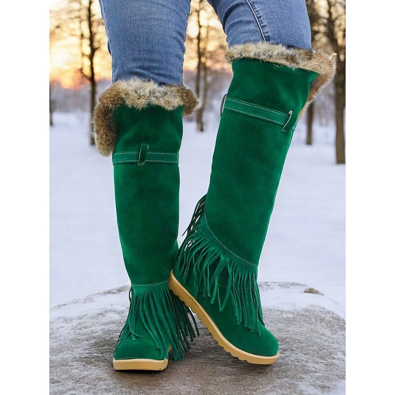 Women's Green Suede Moccasin Winter Boots with Fur Lining and Fringe Detail – Cozy Knee-High Snow Boots for Cold Weather 6