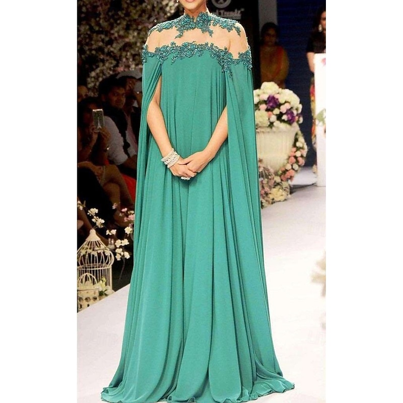 A-Line Evening Gown Elegant Dress Formal Wedding Guest Floor Length Sleeveless High Neck Fall Wedding Guest Chiffon with Appliques Pure Color
