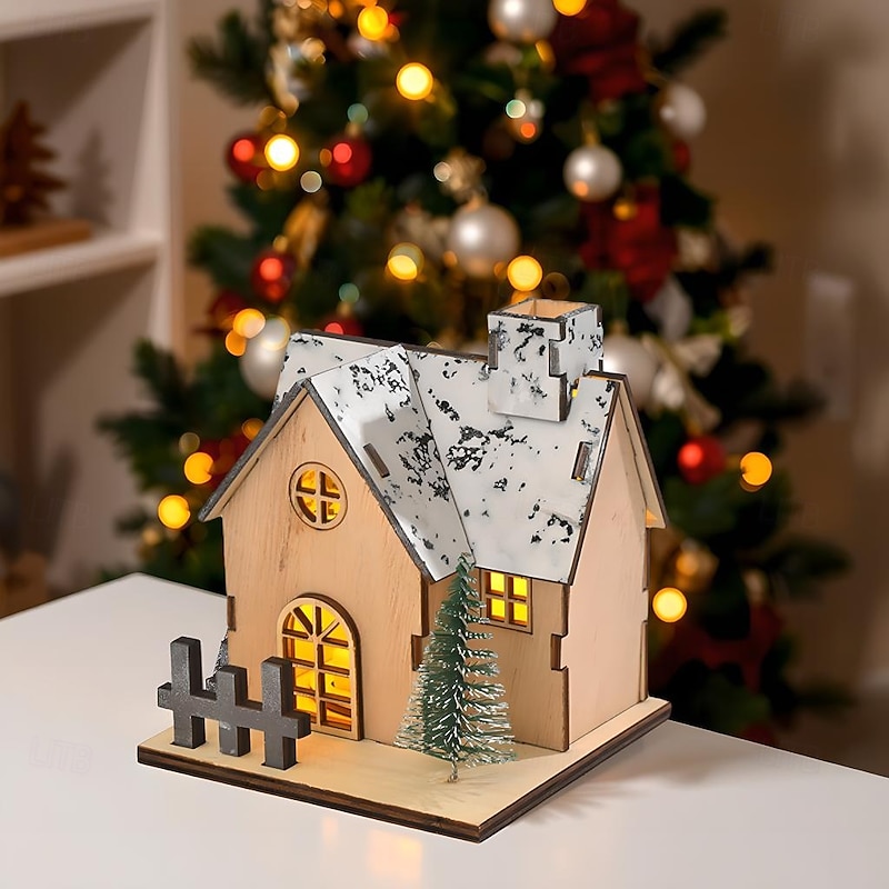 Christmas Wooden House Ornament Light, LED Desktop Decoration Christmas Holiday Table Decorations2