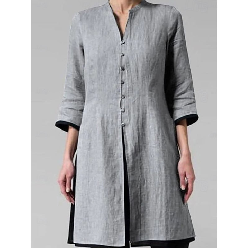 Women's Shirt Linen-Inspired Shirts Button Up Vintage 3/4 Length Sleeve V Neck White Red Gray Spring &  Fall