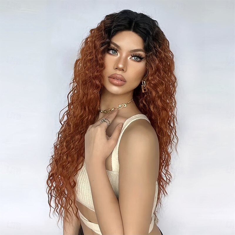 Synthetic Lace Wig Curly Style 26 inch Brown with Golden Highlights Middle Part 13x5x1 Lace Front Wig Women's Wig Black / Gold4