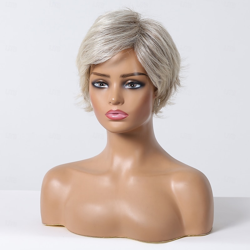 Human Hair Blend Wig Short Straight Natural Straight Bob Pixie Cut Side Part Layered Haircut Blonde Cosplay Curler & straightener Natural Hairline Capless Burmese Hair Women's All Sliver White 8 inch3