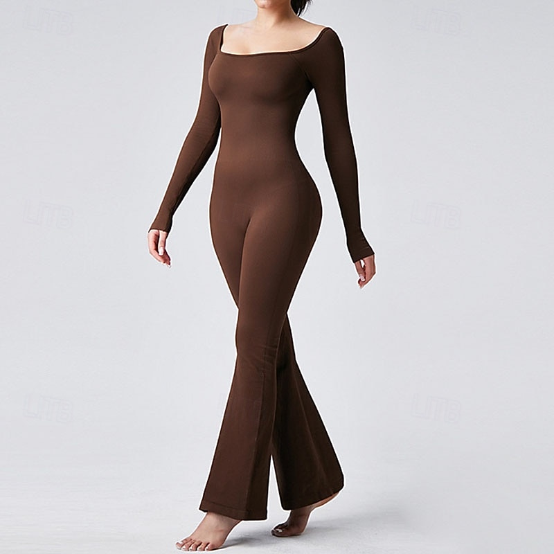 Women's Jumpsuit Workout Jumpsuit Onesie Flare Leg Solid Color Bodysuit Romper Black Coffee Yoga Fitness Gym Workout Breathable Soft Long Sleeve Sport Activewear Stretchy Slim3