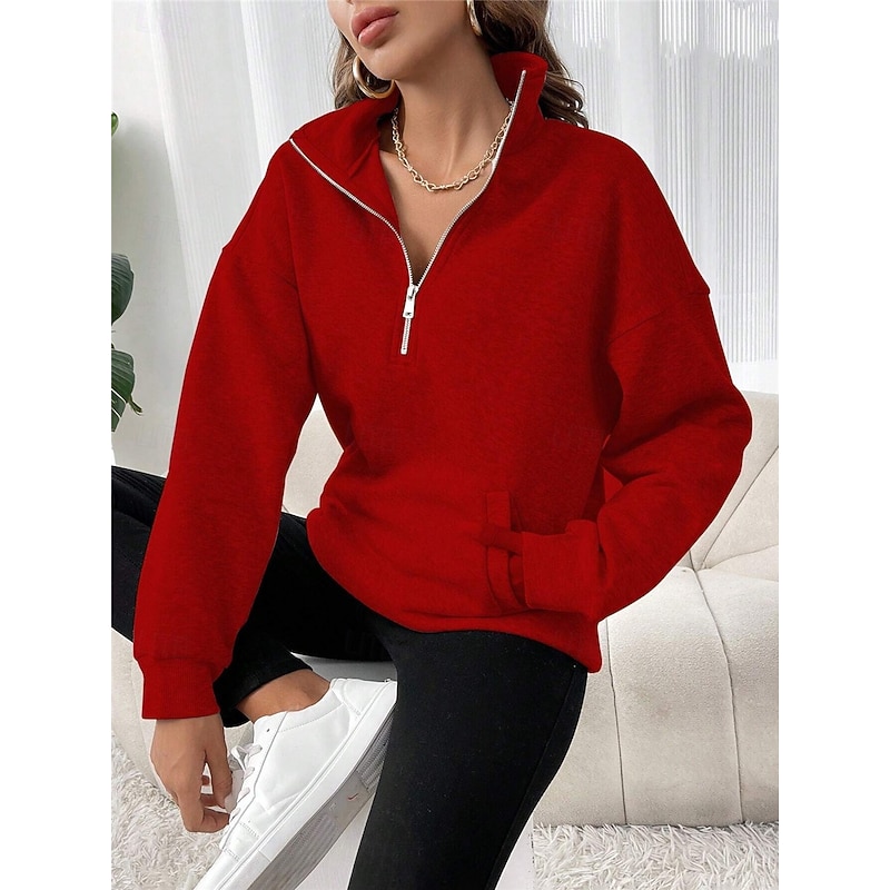 Women's Sweatshirt Casual Plain Street Dailywear Turtleneck Pocket Half Zip Long Sleeve Black Red Fall Winter3