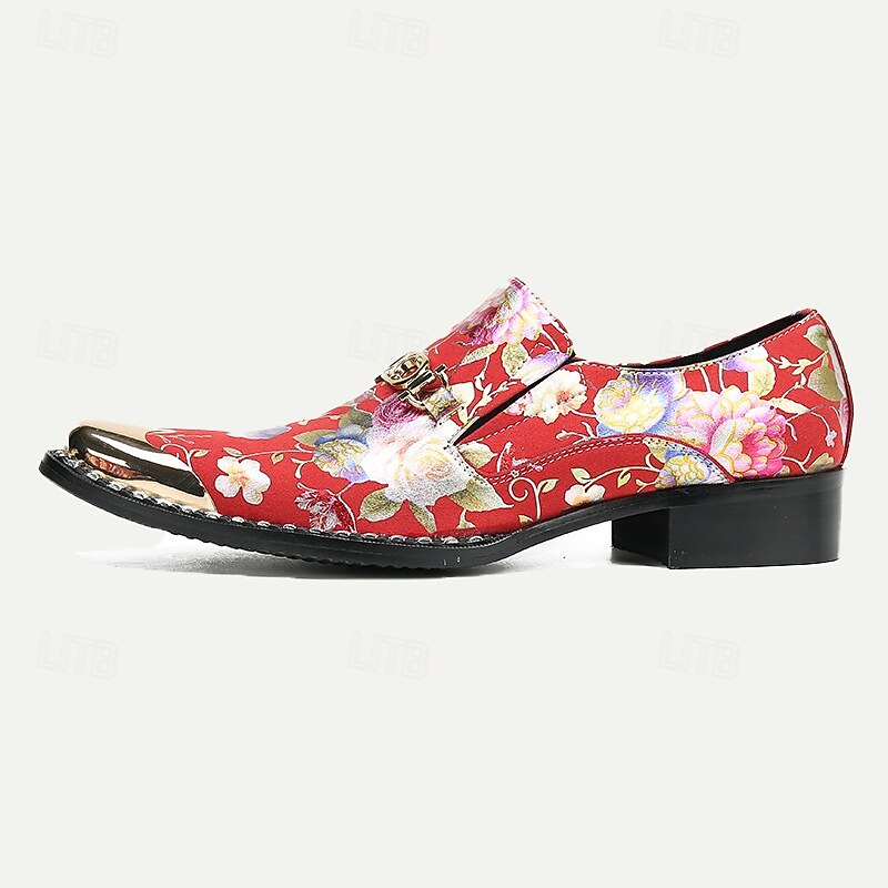 Men's Red Floral Leather Loafers with Metallic Cap Toe and Buckle Detail – Premium Cowhide Statement Shoes for Fashionable Outfits4