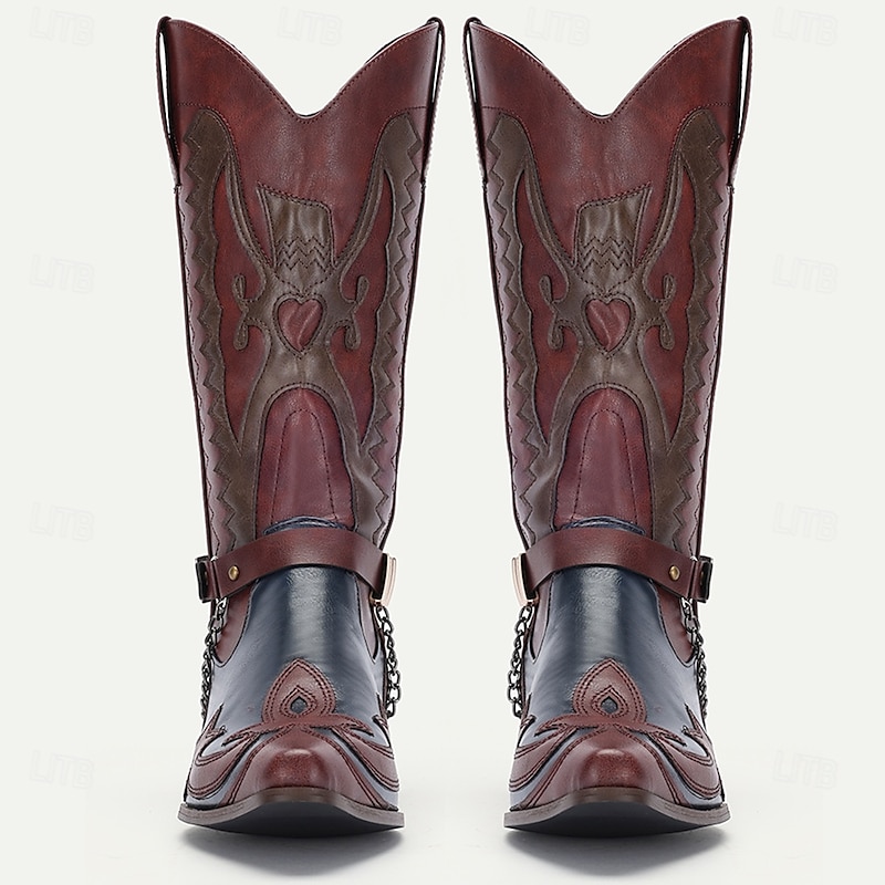 Men's Black Western Cowboy Boots Motorcycle Boots with Eagle Embroidery and Metal Chain Detail, Vintage Pointed Toe Boots for Riding and Casual Wear3