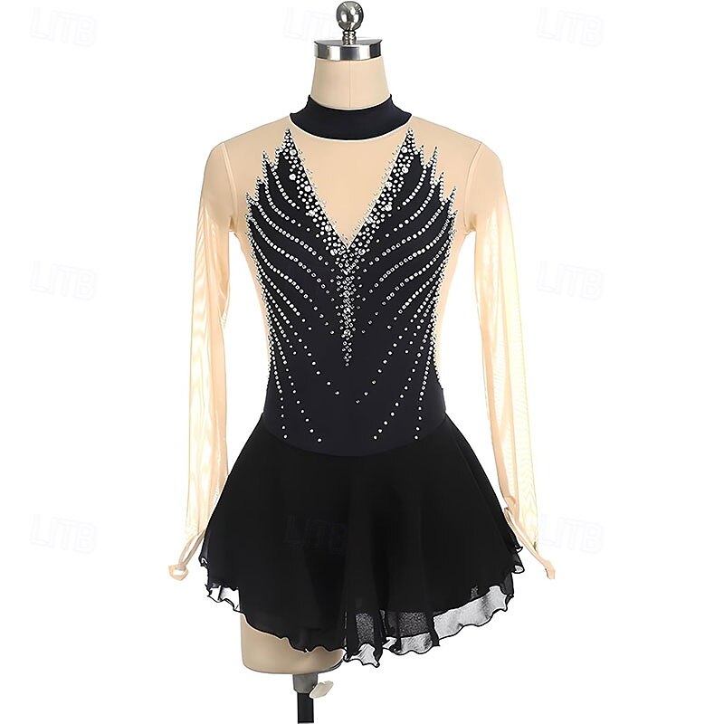 Figure Skating Dress Women's Girls' Ice Skating Dress Black Patchwork High Elasticity Training Competition Skating Wear Classic Crystal / Rhinestone Long Sleeve Ice Skating Figure Skating3