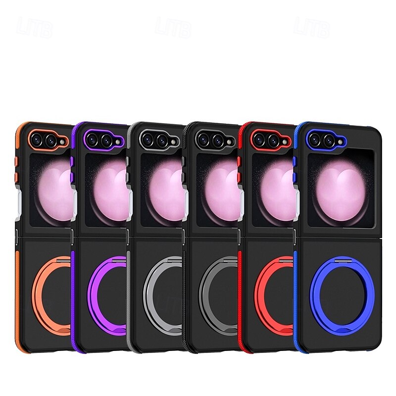 Phone Case For Samsung Galaxy Z Flip 6 Z Flip 5 Back Cover with Stand Holder Shockproof Retro PC Silicone