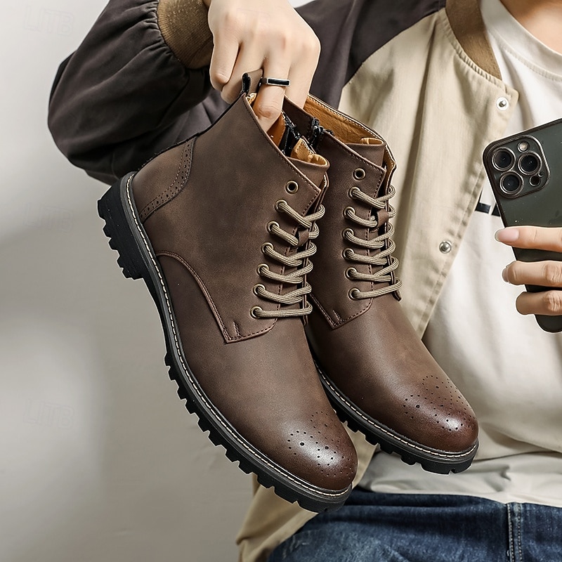 Men's Brown Faux Leather Lace-Up Ankle Boots with Brogue Detail and Rugged Sole – Classic and Durable Outdoor Style2
